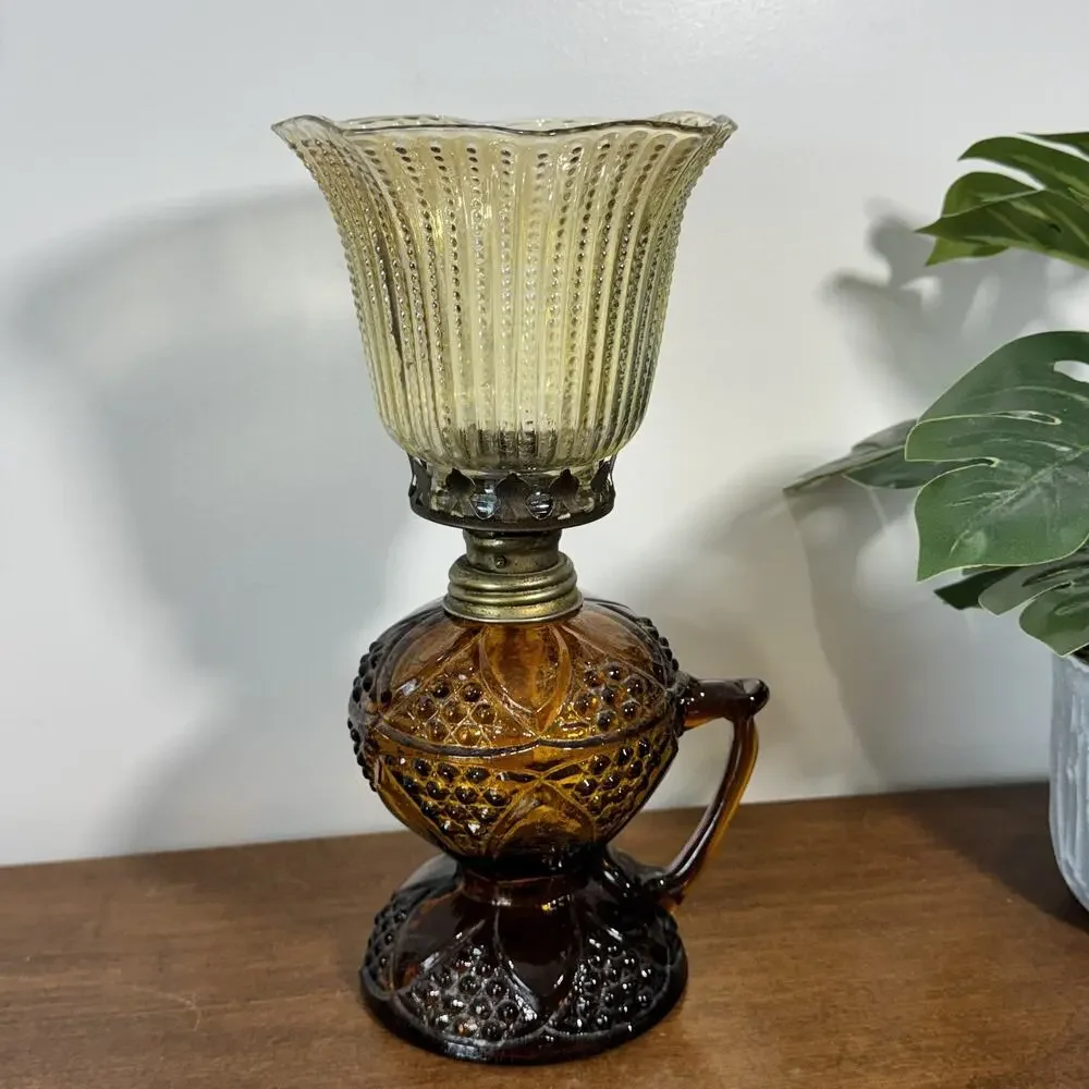 Antique P&A Mfg Co Amber Glass Oil Lamp Hobnail Pattern with Fluted Shade